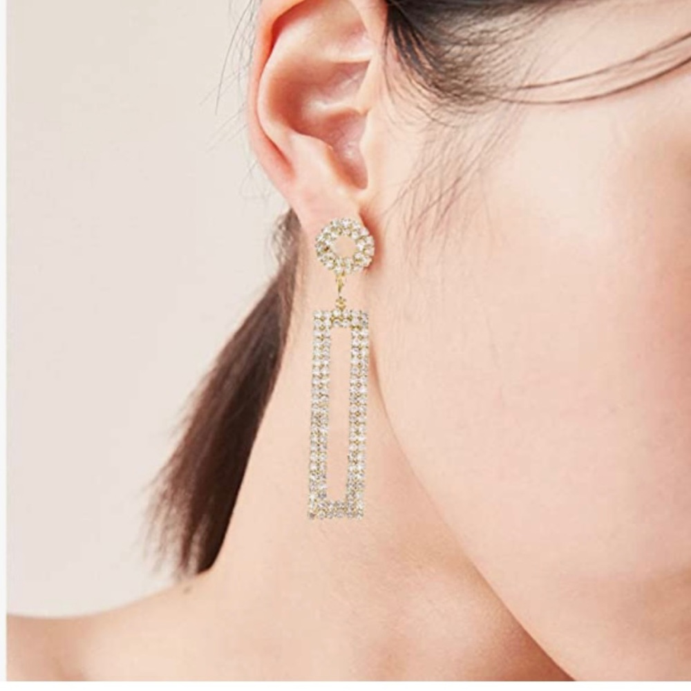 NEW! Legitta Women’s Rhinestone Rectangular Long Drop Earrings with Circle Studs